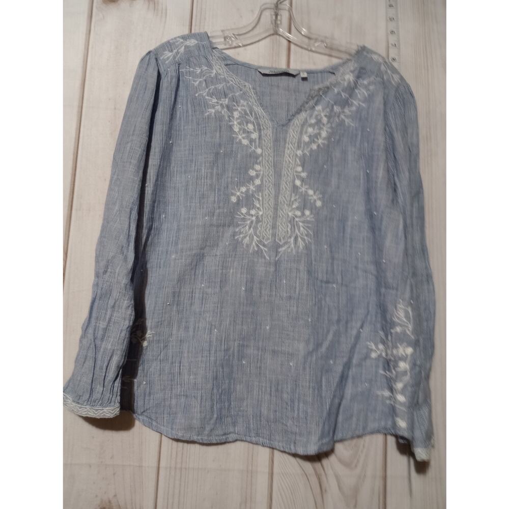 New Direction Shirt Womens Large Blue Embroidered Boho Floral Peasant Top Blouse
